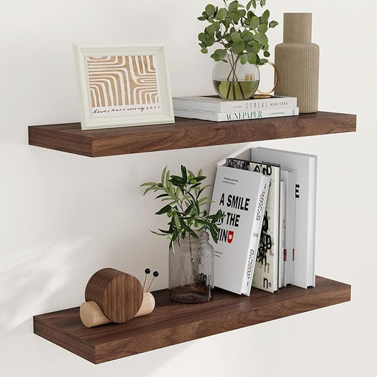 Fun Memories Floating Shelves 32" W x 9" D, Deep Floating Shelves for Wall, 9.3 Inch Deep Wall Shelves for Bathroom, Living Room, Wide Storage & Display Shelves for Home Decor, Walnut Color