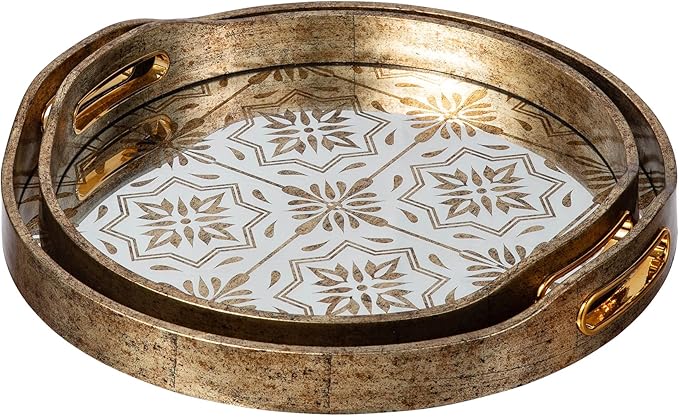 Glitzhome Set of 2 Large Gold Mirror Decorative Trays with Handles, Round Abstract Vanity Jewelry Perfume Tray Dresser Tray, Vintage Jewelry Organizer Makeup Trays