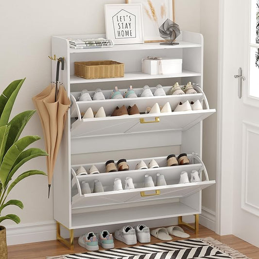 Shoe Cabinet with 2 Flip Drawers, Freestanding Hidden Shoe Storage Organizer for Entryway, Narrow Slim Shoe Rack Cabinet with Open Storage & Hooks for Front Door Entrance, Living Room, Hallway, White