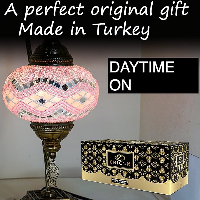 CHICON Handmade Mosaic Turkish Lamp | Genuine Glass Mosaic | A Piece of Art in Unique Lamps | Antique Vintage Lamp | Tiffany Boho Lamp | Moroccan Bohemian Small Table Lamp - SWAN Wave Light Pink