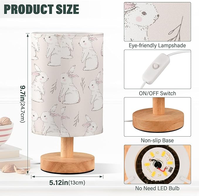 Table Lamp White Bunny Rabbits Pattern Nightstand Lamp with Wood Base Fabric Lamp Shade Bedside Desk Lamp for Living Room Bedroom Kids Room Office