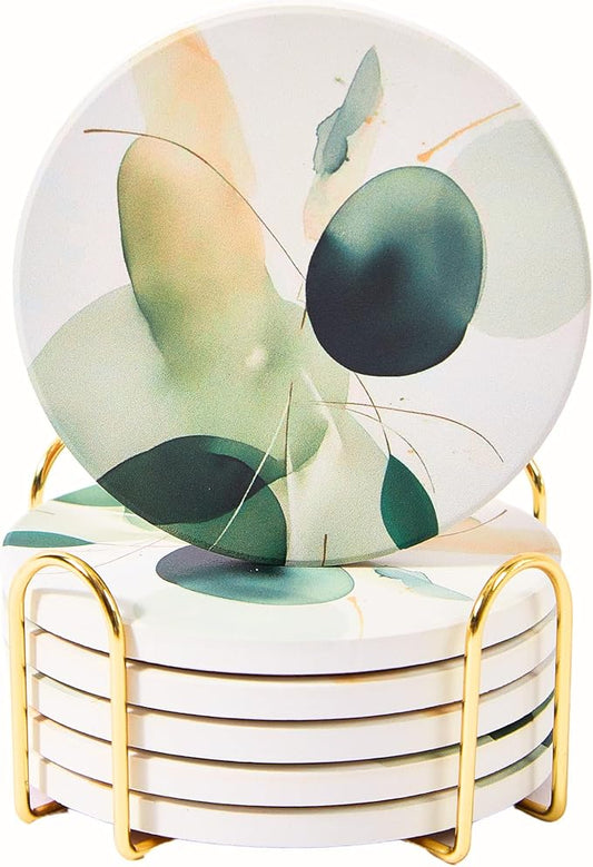 Ceramic Absorbent Coasters Set of 6 with Holder, Marble Drink Coasters for Coffee Table, Water Absorbing Coaster (Sage Blots)