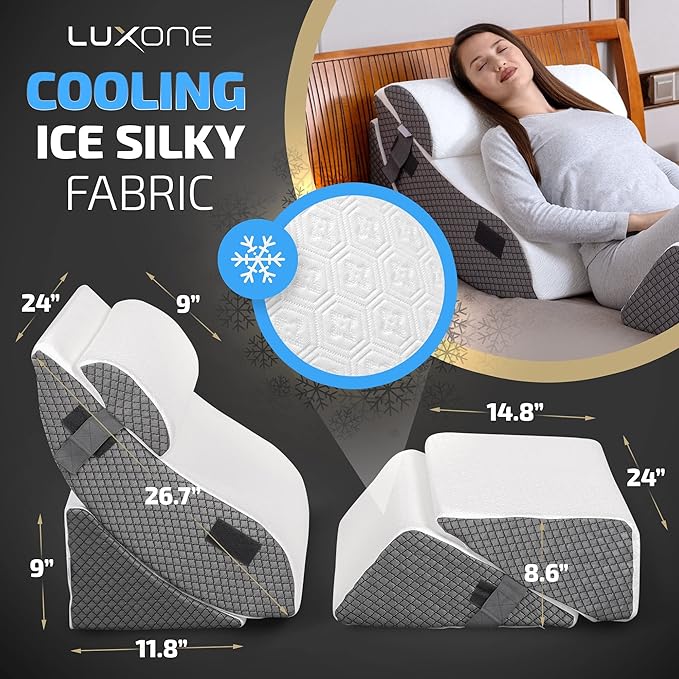 Orthopedic Bed Wedge Pillow Set w/Leg Elevation Pillow - Perfect Adjustable Memory Foam Pillows for After Surgery Recovery, Back Support, Pain Relief & Sleeping (5 pcs Grey with Cooling Fabric)