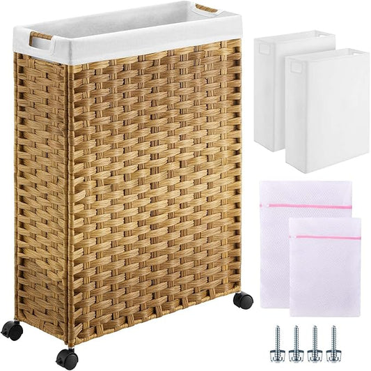 Greenstell Laundry Hamper with Wheels, 17.4 Gallon (66L) Slim Laundry Basket with 2 Removable Liner Bags & 2 Mesh Bags, Narrow Rattan Clothes Hamper for Bedroom, Laundry Room, Bathroom, Natural