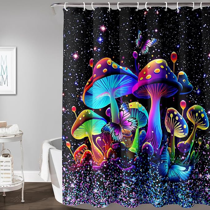 AILONEN Mushroom Shower Curtain for Boys Girls, Cartoon Mushroom Bath Curtain 72" W*84" H Colorful Sky Starry Bathroom Curtain Polyester Waterproof Plant Fungus Bathroom Curtain with 12 Hooks