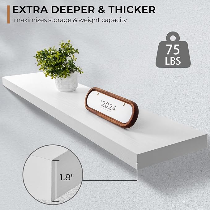 Floating Shelves - 10.3 Inch Deep Wall Shelf for Decor & Storage - Wall Mounted Display Shelving with Invisible Heavy-Duty Metal Bracket - 48" W x 10.3" D x 1.8" H - Set of 1 - Rustic White