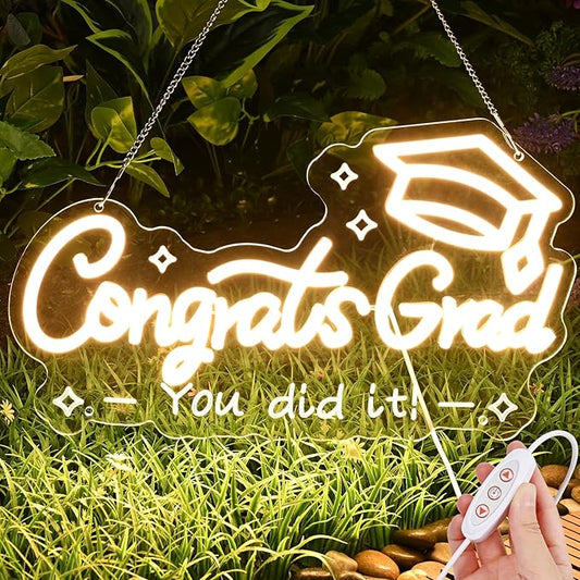 FRAMICS Congrats Grad Neon Sign-10 Adjustable Brightness Graduation Decorations 2025 Warm White LED Graduation Sign for Wall Decor Party Backdrop Gifts Lighted Congrats Grad Sign with Text Carving