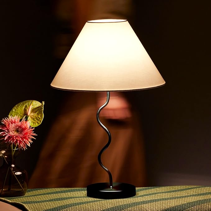Brightech Squiggle Desk Lamp – Tall LED Table Lamp for Bedroom, Living Room, Office – Boho Mid-Century Modern Bedside Table Lamp with A-Line Open Shade and LED Bulb – Black