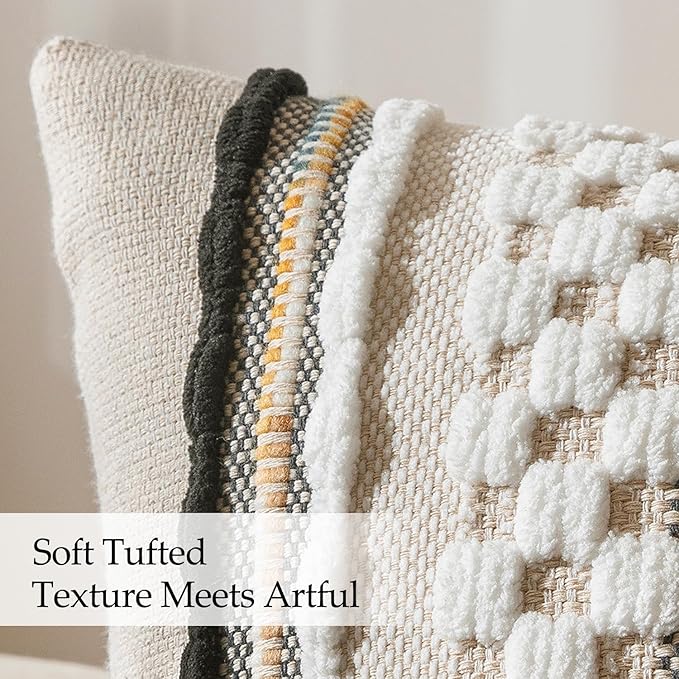 ANRODUO Pack of 2 Boho Decorative Throw Pillow Covers 18x18 Farmhouse Cushion Case Striped Chenille Pillow Cases Square Pillow Covers Accent Neutral Pillowcase for Sofa Couch Bed, Black-White Stripe