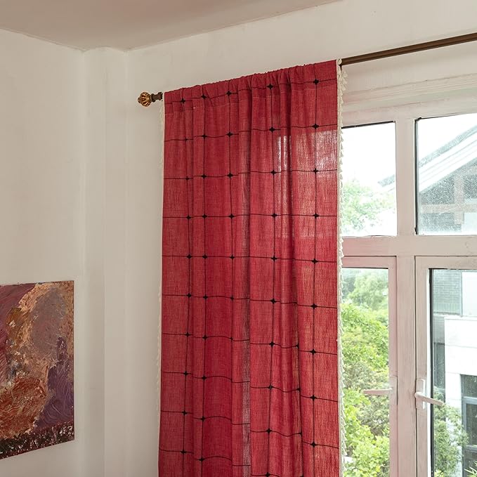 Sutuo Home Boho Curtains for Bedroom 96 Inch Length, Semi Blackout Checkered Linen Farmhouse Vintage Chic Tassels Window Treatment Bohemian Drape for Xmas Decor 1 Panel 52" W x 96" L, Red Plaids