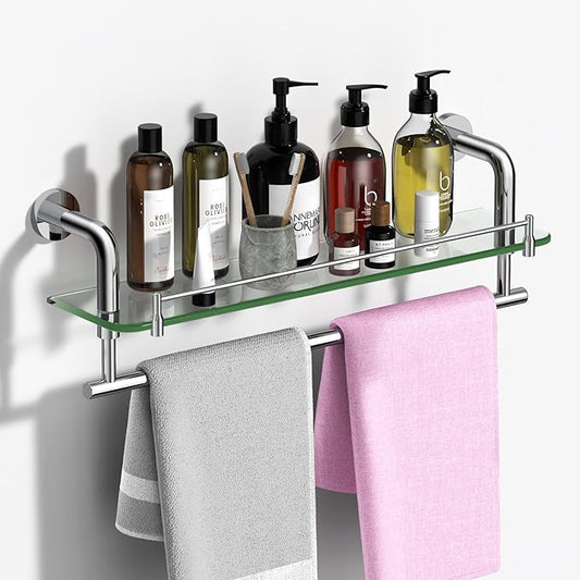 Bend Style Glass Shelves with Towel Rack, Chrome Polished Stainless Steel Shelf, 20Inch Tempered Glass Shelves for Wall Shelf Sink Over Toilet Bathroom