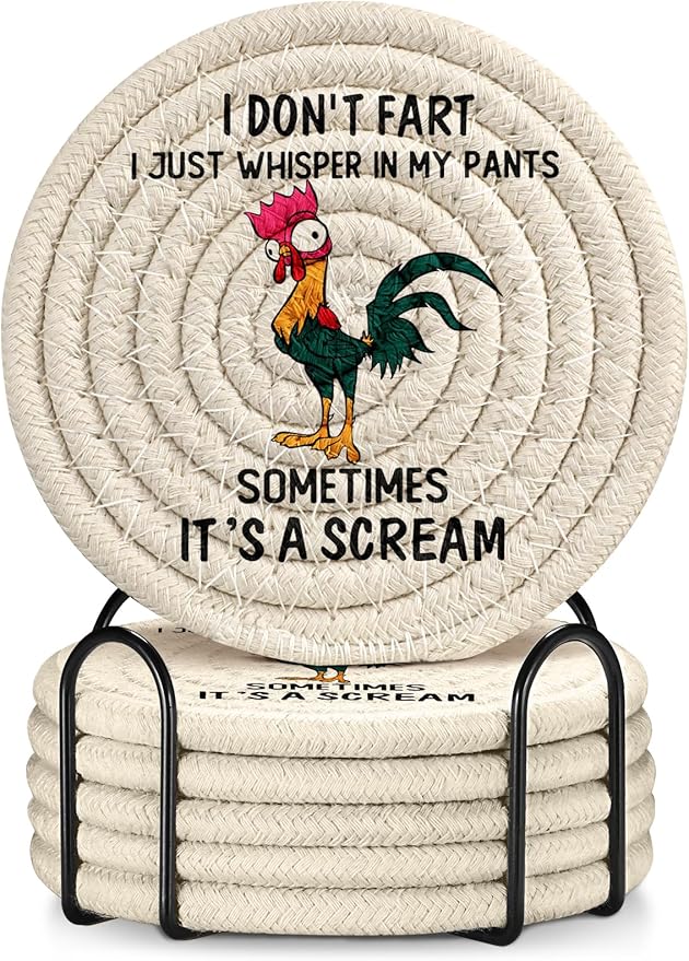 Cup Coasters for Drinks Absorbent - for Coffee Wooden Table Office Cute Farmhouse Outdoor Rustic Desk Unique Woven Women Boys Soft Cloth Braided Fabric Cool Funny Coaster Set of 6 with Holder