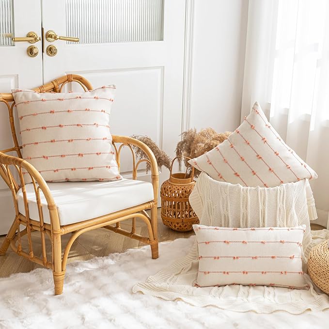 Boho Throw Pillow Covers 16x16 Set of 2 Modern Farmhouse Decorative Cushion Case Tufted Square Pillows Cover Neutral Pillow Cases Accent Pillowcase for Sofa,Couch,Bed,Beige and Pink