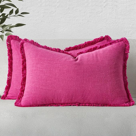 MIULEE Decorative Lumbar Throw Pillow Covers Neutral Linen Fringe Throw Pillows Set of 2 Hot Pink Boho Farmhouse Cushion Covers for Couch Sofa Bed Living Room Spring Home Decor 12x20 Inch