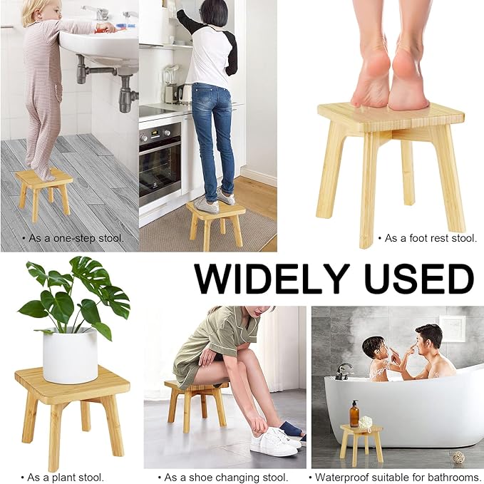 Bamboo Wood Step Stool - Foot Stool - Small Adults Kids Step Stools Anti-slip Sturdy Durable Kitchen Bathroom Bedroom Steps for High Beds Holds Up to 350lbs (Medium Square)