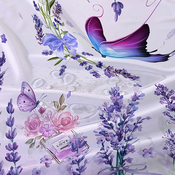 AILONEN Girls Butterfly Shower Curtain for Bathroom, Blooming Lavender Flower Purple Bath Curtain 72" W*84" H Polyester Fabric Waterproof Bathroom Curtain with 12 Hooks