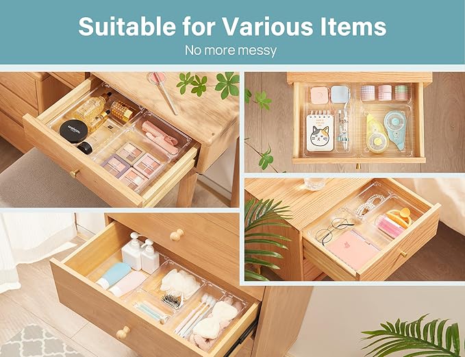 Kootek 9 Pcs Drawer Organizer Set, 4-Size Bathroom Vanity Trays Makeup Desk Dividers Versatile Storage Bins Clear Plastic Container for Dresser, Bedroom, Kitchen, Office