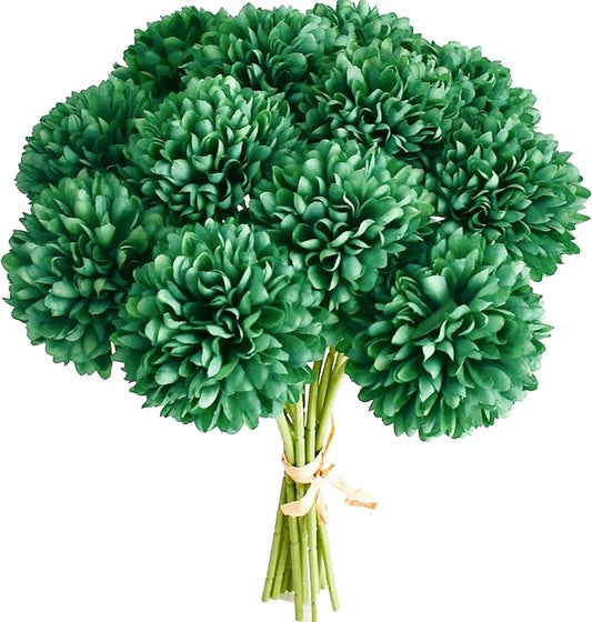 Mandy's Dark Green Artificial Ball Chrysanthemum 12 Stems Faux Flowers with Bendable Stems for DIY Wedding Centerpiece Fall Decor Home Arrangements