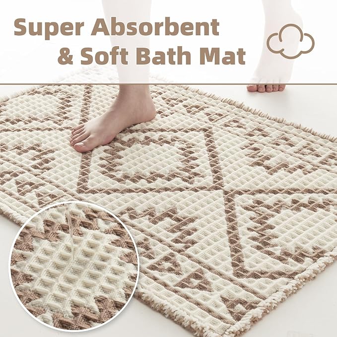 PADOOR-Waffle Bathroom Runner 24"x72", Super Absorbent Bath Mats for Bathroom, Machine Washable Non Slip Bath Rug with Tassels, Soft Bath Mat for Laundry Room, Bedroom, Cream & Brown, 2'x 6'