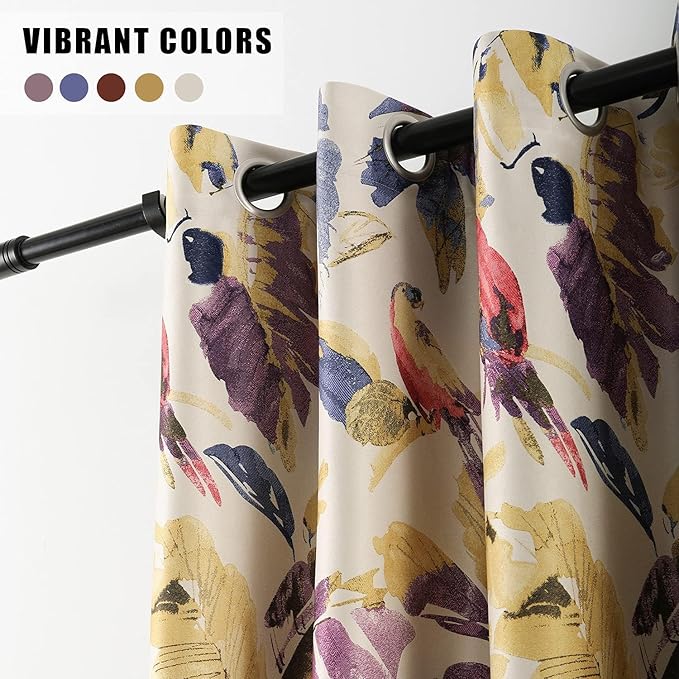 Leeva Purple Curtains for Sliding Door, Tropical Style Leaves Macaw Printing Blackout Window Treatment, Decor Grommet Drapes for Living Room, 1 Piece, 100 x 84