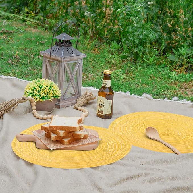 Noctiflorous Round Braided Placemats 15 Inch Round Table Mats Set of 6 for Dining Tables Natural Woven Heat Resistant Place Mats (Round Yellow)