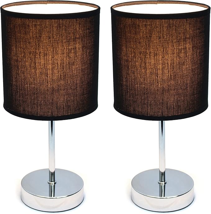 Simple Designs LT2007-BLK-2PK Chrome Mini Basic Table Lamp with Fabric Shade 2 Pack Set, Black