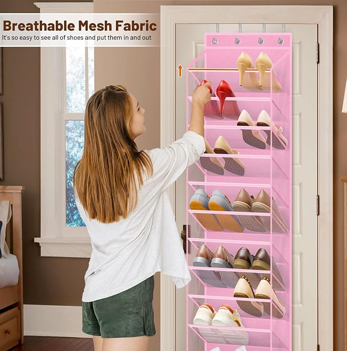 MISSLO 12 Tier Over the Door Shoe Organizer Breathable Mesh Hanging Shoe Rack for Closet Storage Shoe Holder for Door Fit 24 Pairs Sandals, Heels, Boots (Pink)