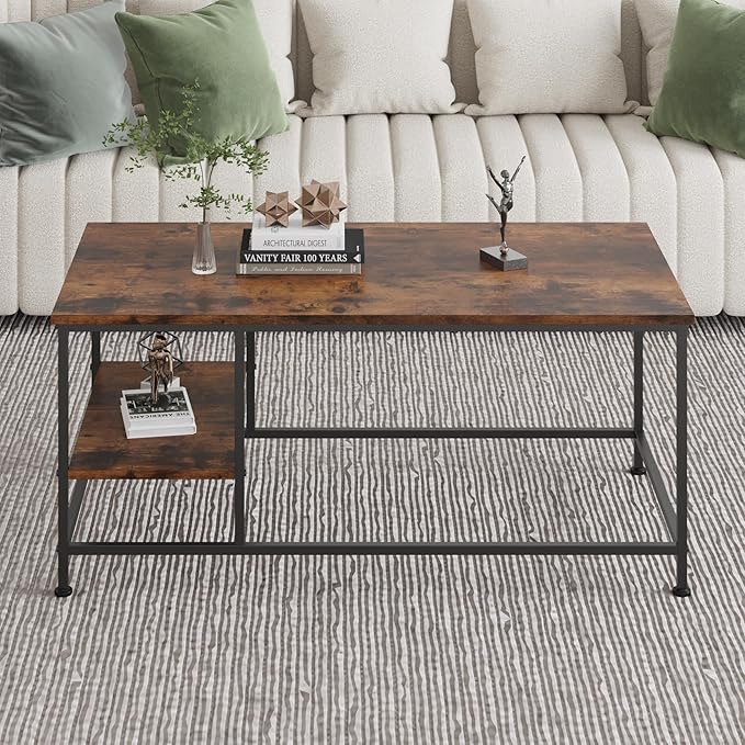 SENIG Brown Rectangle Wood and Metal Coffee Table with Storage Shelf for Small Living Rooms with Shelf