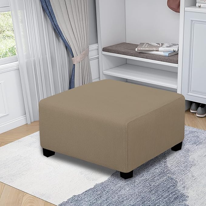 Easy-Going Stretch Square Ottoman Cover Folding Storage Stool Furniture Protector Soft Slipcover with Elastic Bottom (30x30x15inch, Natural)
