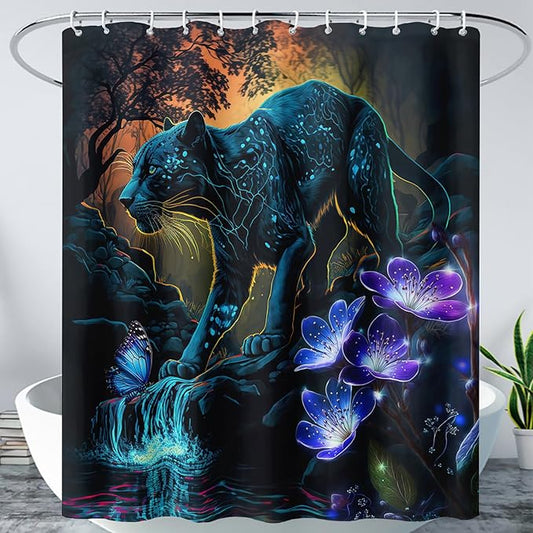AILONEN Black Panther Shower Curtain,Glowing Panther Print Bath Curtain for Kids Boys Men,Wildlife Forest Cheetah Leopard Waterproof Shower Curtain for Bathroom, 72" W x 78" H