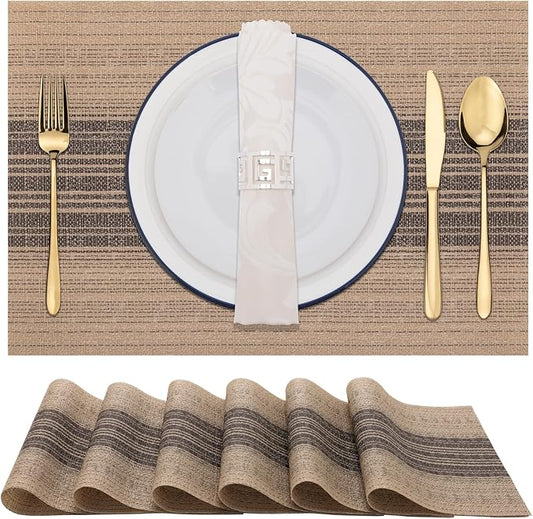 Winknowl Placemats, Set of 6 Heat Resistant Stain Resistant Woven Vinyl Insulation Place mats, Durable Washable Elegant Table Mats for Dining (Brown)