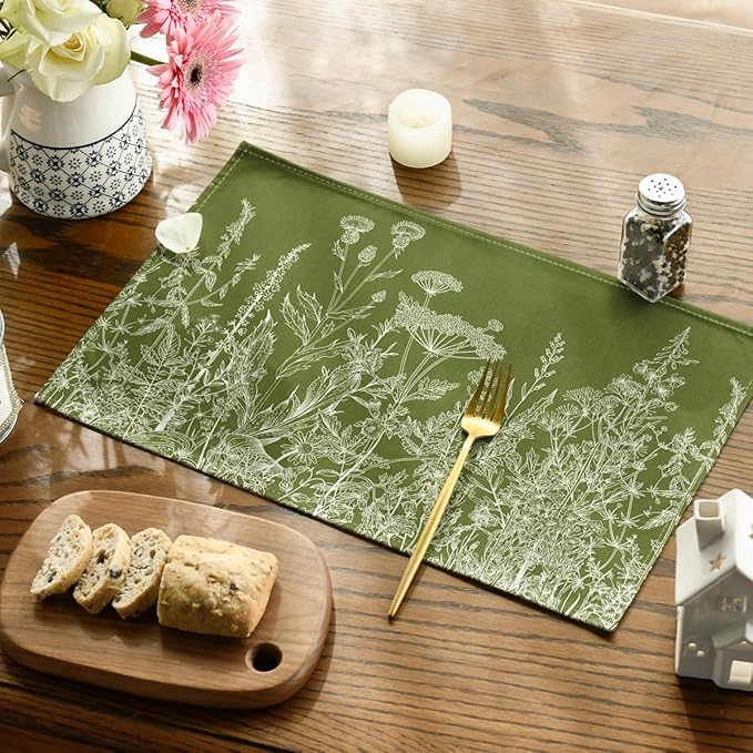Artoid Mode Antique Herbs and Wild Flowers Spring Placemats Set of 4, 12x18 Inch Seasonal Sage Green Summer Table Mats for Party Kitchen Dining Decoration