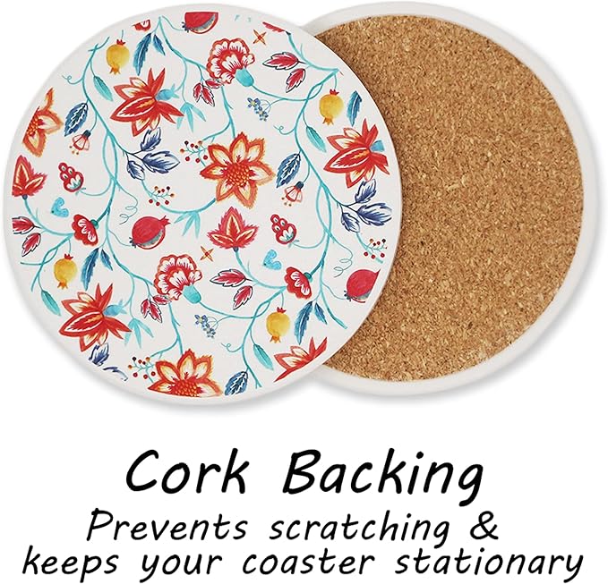 AD Set of 6 Coasters for Drinks Absorbing Round Ceramic Stone Coaster with Cork Base Tabletop Protection Mat for Mugs and Cups,Office,Kitchen (Watercolor Flowers with Rose Gold Holder)