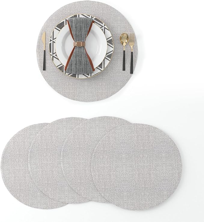 Set of 4 Round Placemat 15 Inch Soft Linen eco-Friendly Fabric Handcrafted Machine Washable Indoor & Outdoor Tablemat Beige