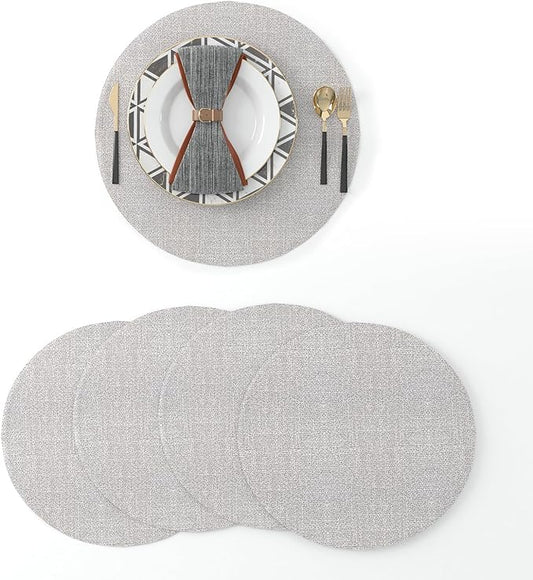 Set of 4 Round Placemat 15 Inch Soft Linen eco-Friendly Fabric Handcrafted Machine Washable Indoor & Outdoor Tablemat Beige