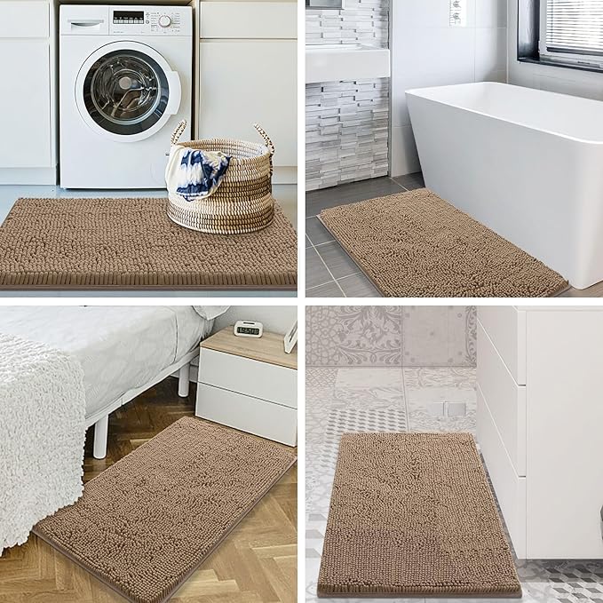 Smiry Luxury Chenille Bathroom Rugs 30x20, Extra Soft and Absorbent Shaggy Bath Mat, Machine Washable, Non-Slip Plush Carpet Runner for Tub, Shower, and Floor, Home Decor Accessories, Camel