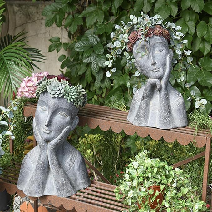 Newman House Studio Face Cactus Succulents Planter Pot - Indoor Outdoor Planter with Drainage Hole Garden Statues Cute Plants Pot Flower Pot Farmhouse Decor 11 * 8.5 * 16.5 inch
