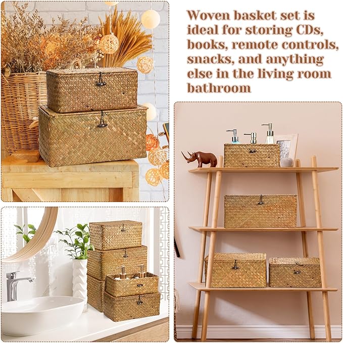 Kigley 6 Pcs Seagrass Basket with Lid Wicker Storage Decorative Boxes with Lids Bin Woven Organizer for Shelf Closet Bedroom, 6 Sizes(Classic Style,Yellow Brown)