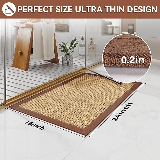 Non Slip Bath Mat Bathroom Rugs, Soft Jute-Like Ultra Thin Bath Mats, Rubber Backing Super Absorbent Quick Dry Bath Rug Shower Mat Fit Under Door Bathroom Floor, Machine Washable, Brown 16"x24"