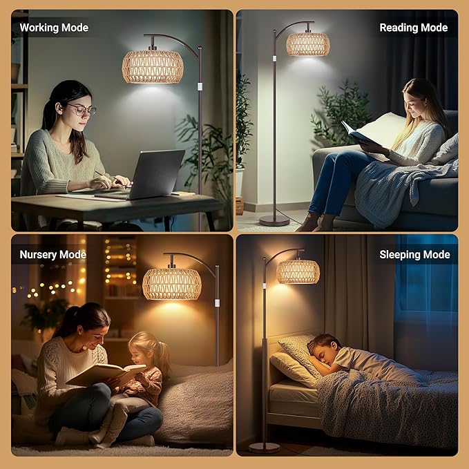 ROTTOGOON Boho Floor Lamp with Dimmable Bulb, Rattan &Linen Double Shades, Boho Standing Tall Lamps with Foot Switch, Brown Bohemian Floor Lamps for Living Room, Bedroom, Office