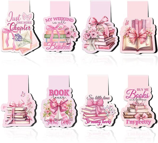 Pink Bow Magnetic Bookmarks: 8 Pcs Bowknot Magnet Book Page Markers, Cute Girly Bookmark Clips for Reading, Gifts for Women Students Teachers Book Lovers Office School Supplies