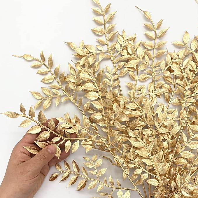 Gold Leaves Decorations for Christmas Artificial Golden Plants Fake Leaf - 17 Inch 5 Pack, Faux Foliage Simulation Flowers Grass Xmas Decor Plant Bushes Indoor Outdoor Wedding Table Centerpiece DIY