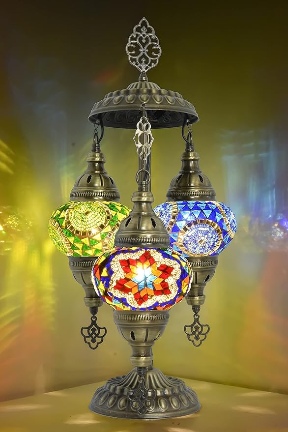 Mozaiist Anatolian Star Turkish Mosaic Glass Table Lamp, Metal Base, 3 Globe