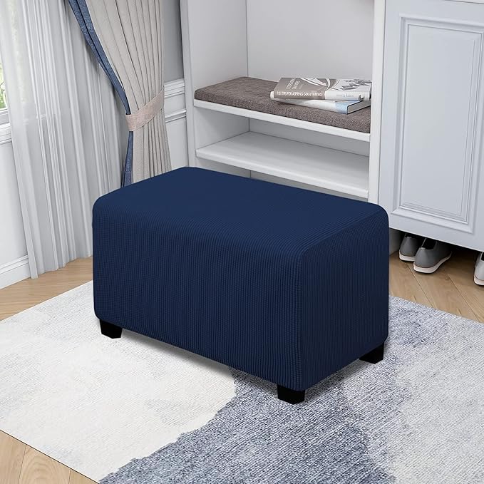 Easy-Going Stretch Ottoman Cover Folding Storage Stool Furniture Protector Soft Rectangle slipcover with Elastic Bottom(Ottoman Small,Navy)