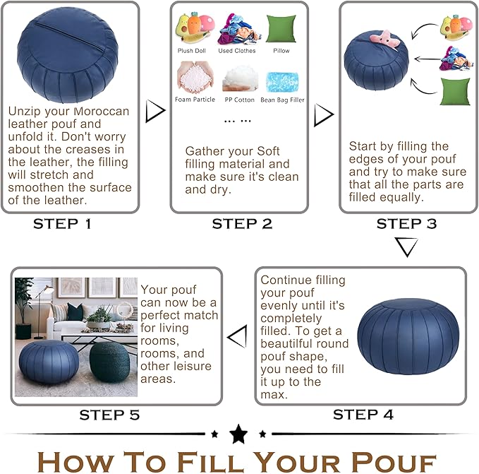 Thgonwid Handmade Storage Pouf Ottoman Foot Stool - Faux Suede Round Floor Cushion 21.6"x13" for Living Room, Bedroom, Wedding Decor, Unstuffed (Deep Blue)
