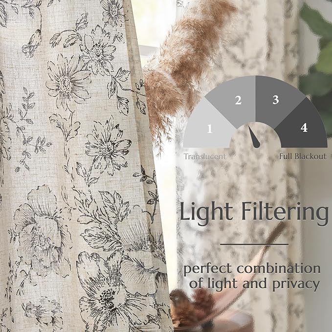 jinchan Lined Linen Blend Curtain Floral Curtains for Living Room 108 Inches Extra Long Black Peony Flower Printed Curtain Back Tab Farmhouse Patterned Drapes Bedroom Window Curtain Set 2 Panels