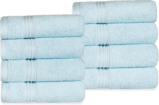 Superior Egyptian Cotton 8-Piece Hand Towel Set, Towel Basics For Quick Dry, Absorbent Small Towels, Facial, Spa, Kitchen, Bathroom Essentials, Apartment, Guest Bath, Soft, Washcloth, Light Blue
