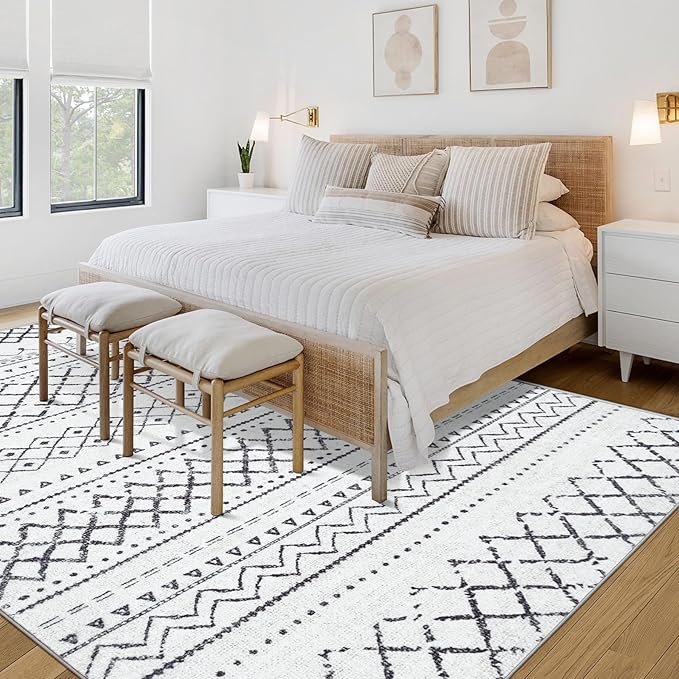 Area Rug for Living Room 6x9: Large Washable Boho Moroccan Rugs Geometric Neutral Rug, Non-Slip Foldable Morden Farmhouse Indoor Floor Carpet for Bedroom Dining Table Home(Black,6'X9')