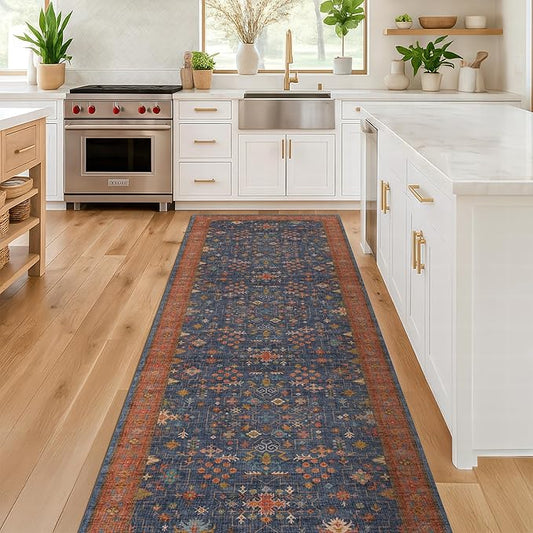 Washable 10 ft Long Runner for Kitchen Floor - Navy Blue Hallway Runner Rug, Pet Friendly Waterproof Non Slip with Rubber Backing, Stain Resistant Laundry Room Rug (3x10 Navy Blue & Terracotta)