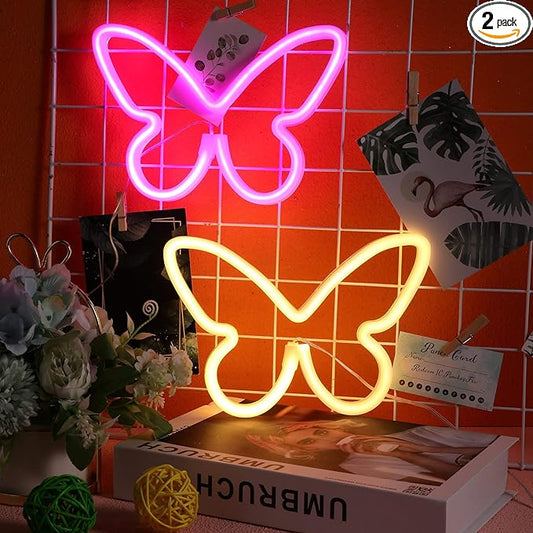 Riakrum 2 Pcs Butterfly Neon Signs LED Light 3AA Battery Powered USB Operated Wall Neon Light Decor Butterfly Wall Art for Christmas Home Bedroom Birthday Party Decor(Pink, Warm White)
